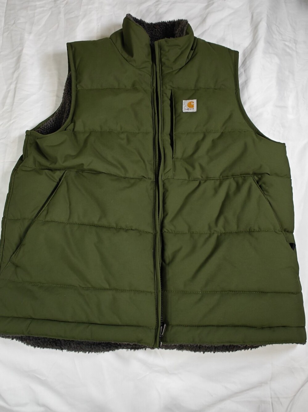 Carhartt Olive Puffer Vest with Sherpa Lining